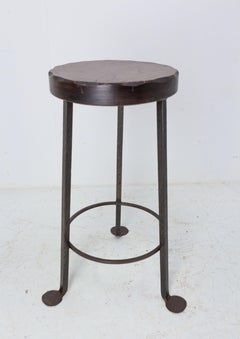 High Stool Elm Top and Wrought Iron Breakfast Bar Stool, Spanish, c. 1960