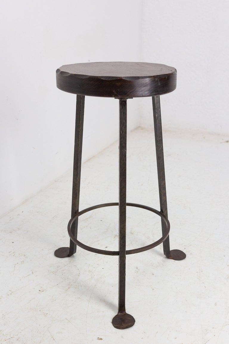 High Stool Elm Top and Wrought Iron Breakfast Bar Stool, Spanish, c. 1960 For Sale at 1stDibs