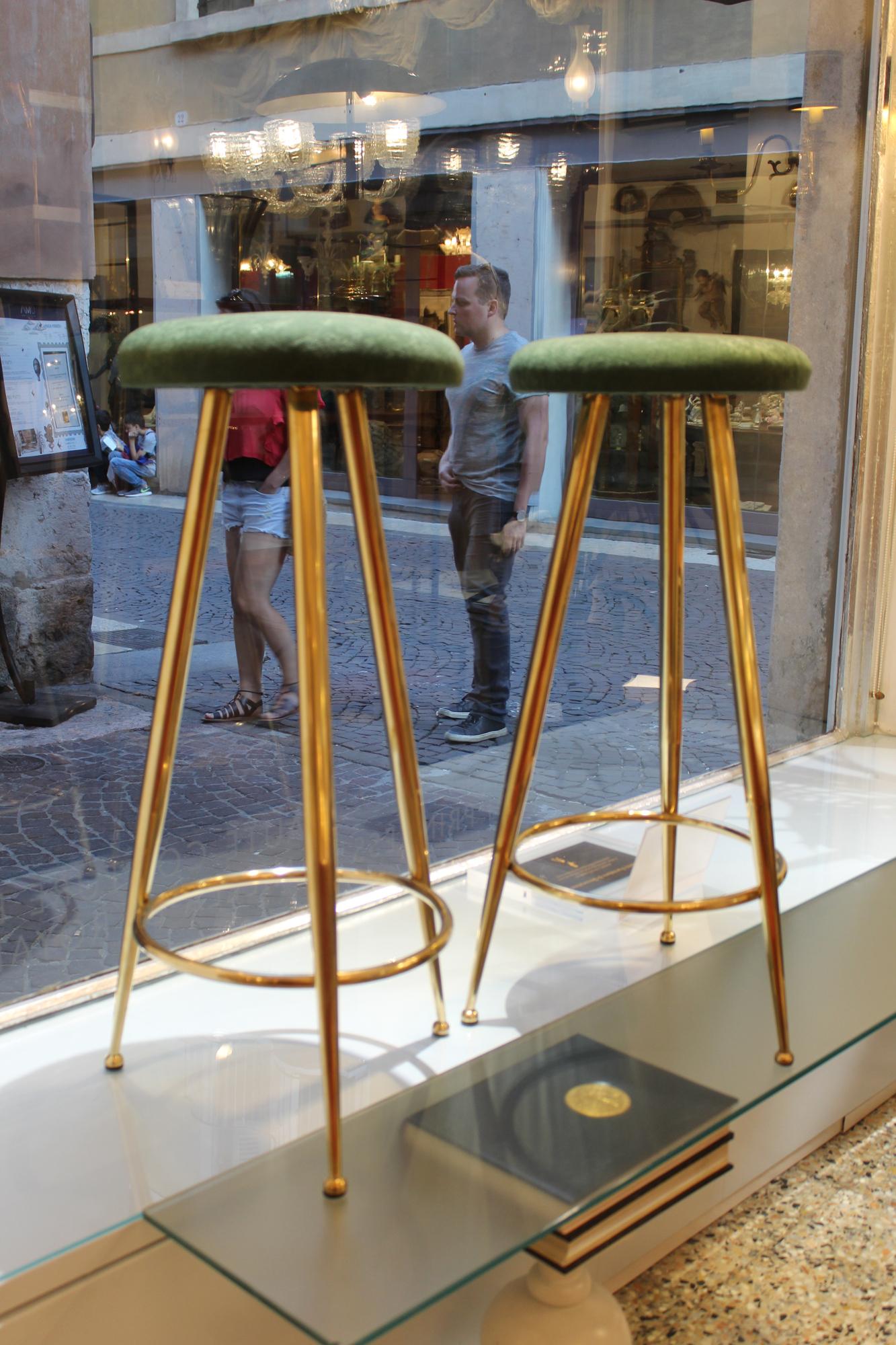 High Stools, Brass Legs, Green Velvet Seats In Good Condition In Verona, IT