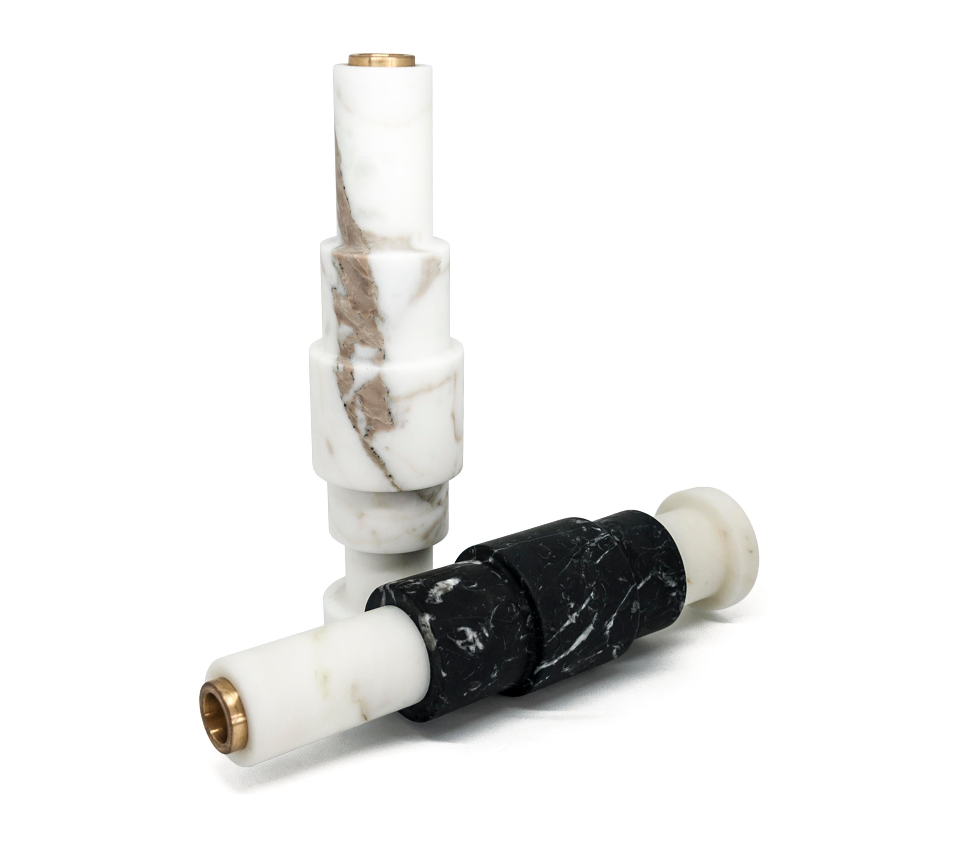 Hand-Crafted Handmade High Squared Two-Tone Candleholder in Carrara and Marquina Marble For Sale