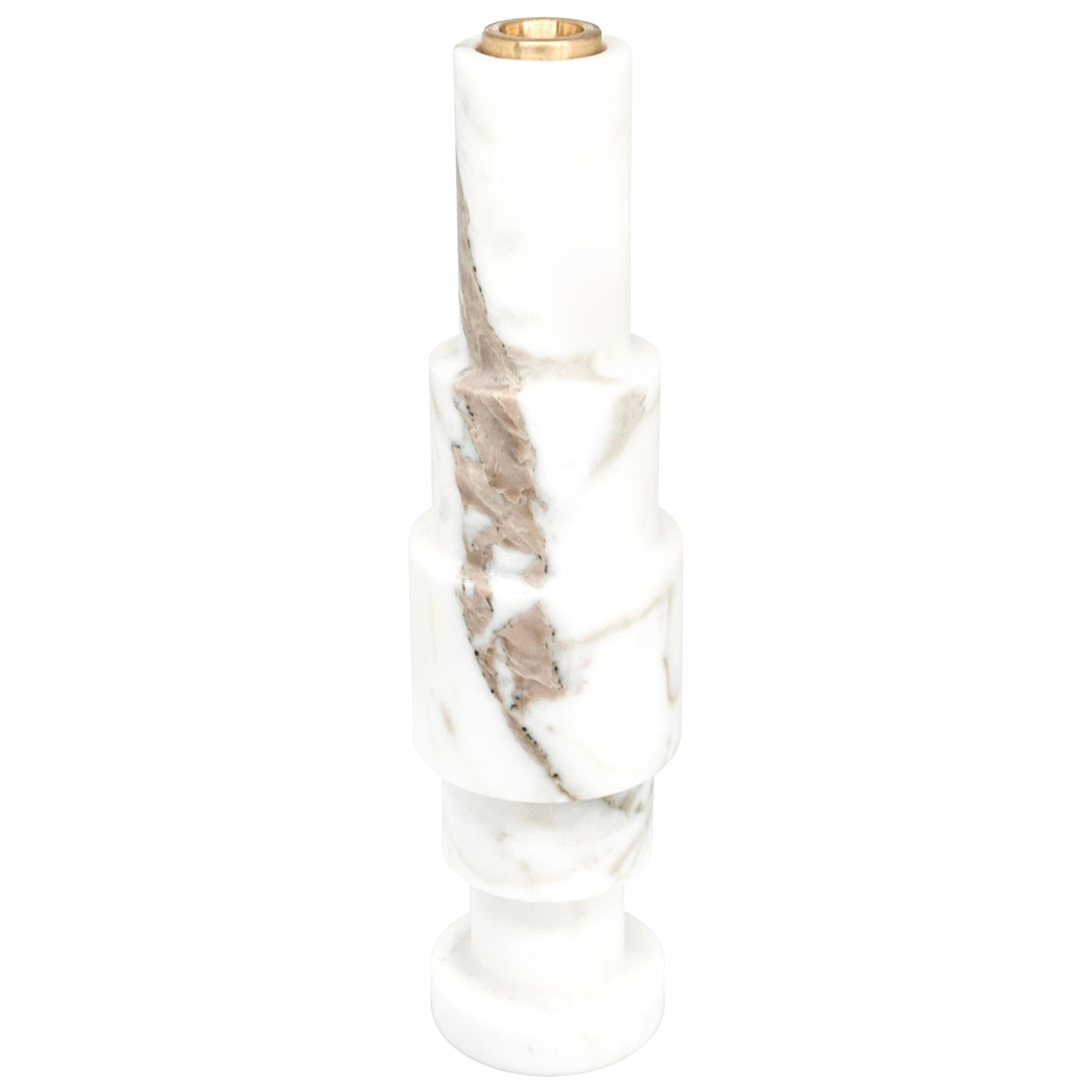 Handmade High Squared Unicolor Candleholder in White Carrara Marble and Brass