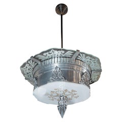 High Style Art Deco Aluminum and Frosted Glass Pendant with Cubist Detailing
