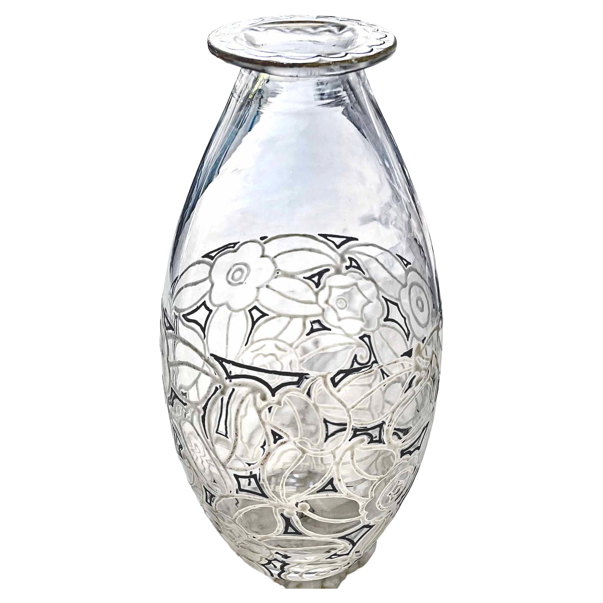 High Style Art Deco Glass Vase with Flowers and Leaves by Jean Luce, 1920s For Sale