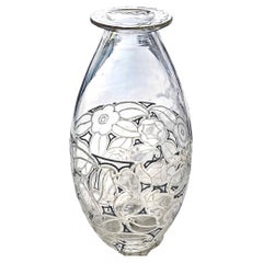 High Style Art Deco Glass Vase with Flowers and Leaves by Jean Luce, 1920s