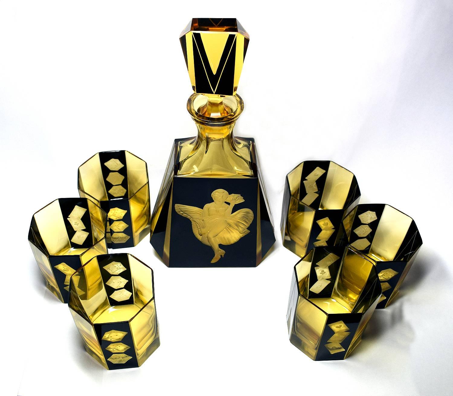Czech High Style Art Deco Whisky Glass and Enamel Decanter Set by Karl Palda