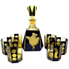 High Style Art Deco Whisky Glass and Enamel Decanter Set by Karl Palda
