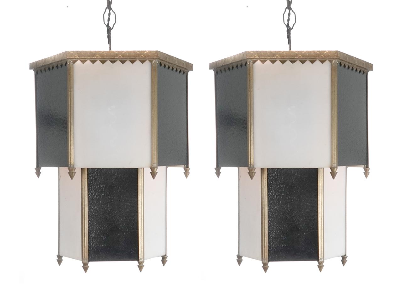 Glass High Style Black and White Deco Lamps, Matching Pair