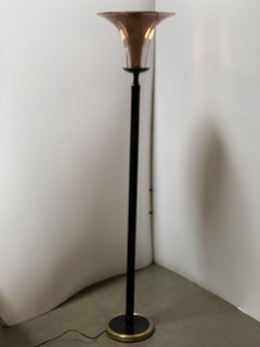 High Style Brass and Copper Art Deco Torchiere Floor Lamp w/ Acrylic Accents