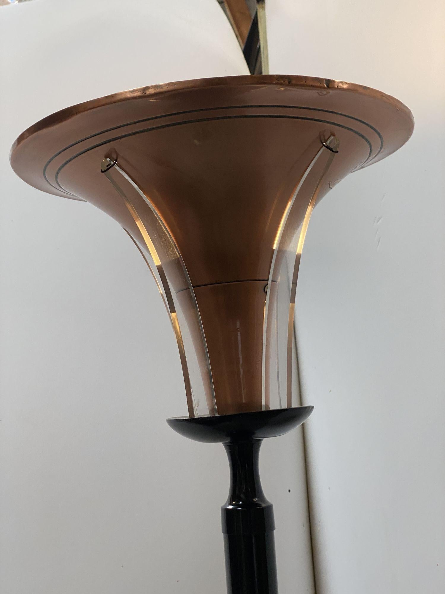 High Style Brass and Copper Art Deco Torchiere Floor Lamp w/ Acrylic Accents In Excellent Condition For Sale In Van Nuys, CA