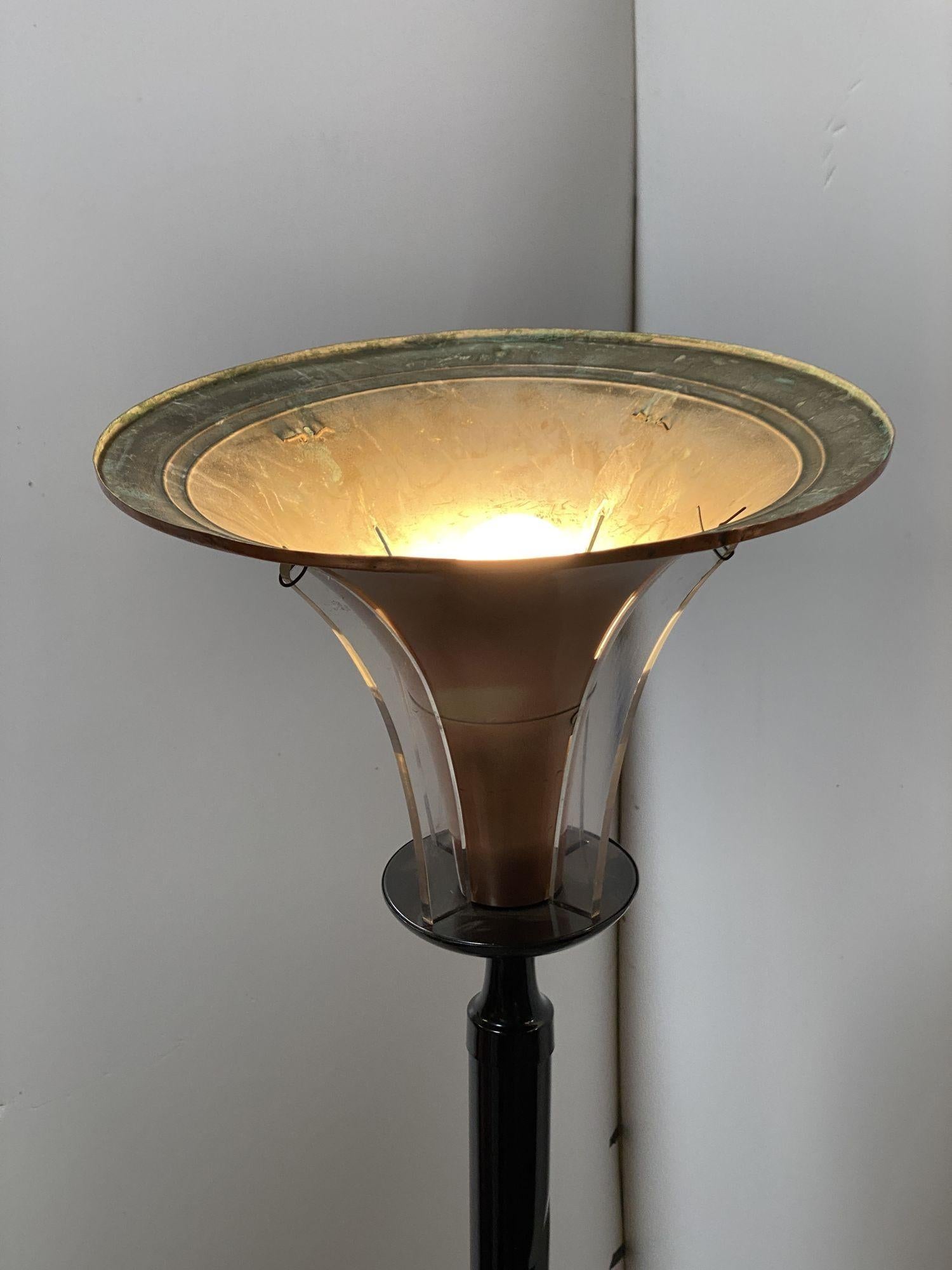 Mid-20th Century High Style Brass and Copper Art Deco Torchiere Floor Lamp w/ Acrylic Accents For Sale