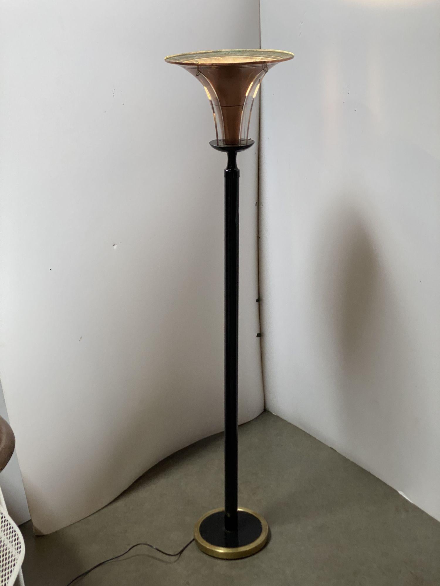 High Style Brass and Copper Art Deco Torchiere Floor Lamp w/ Acrylic Accents For Sale 1