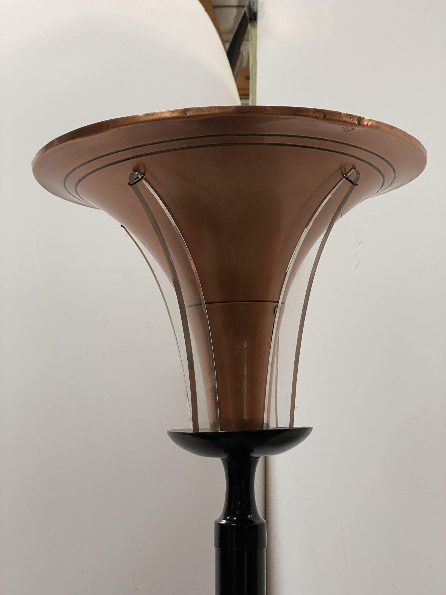 High Style Brass and Copper Art Deco Torchiere Floor Lamp w/ Acrylic Accents For Sale 2