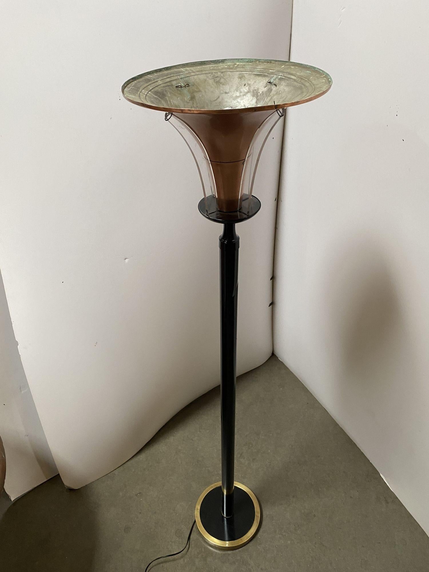 High Style Brass and Copper Art Deco Torchiere Floor Lamp w/ Acrylic Accents For Sale 4
