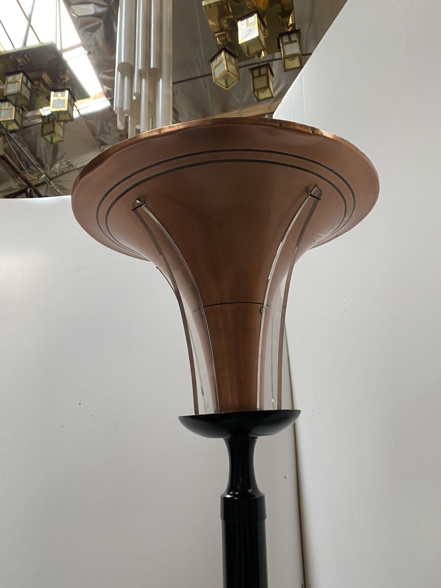 High Style Brass and Copper Art Deco Torchiere Floor Lamp w/ Acrylic Accents For Sale 5