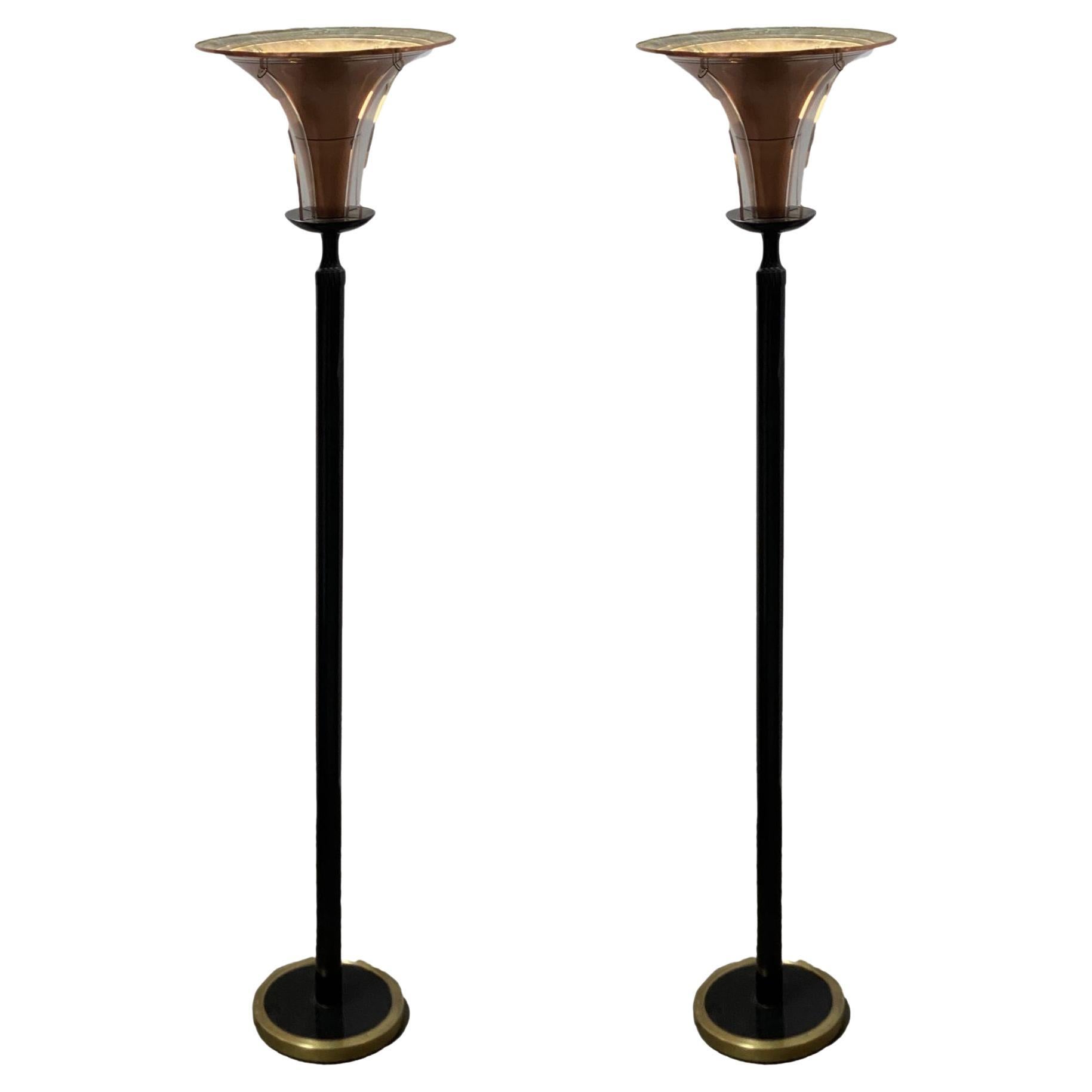 High Style Brass and Copper Art Deco Torchiere Floor Lamp w/ Acrylic Accents For Sale