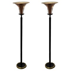 High Style Brass and Copper Art Deco Torchiere Floor Lamp w/ Acrylic Accents