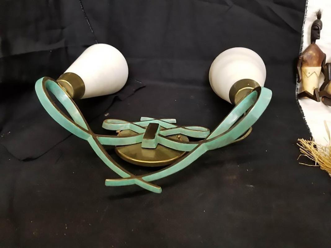 American High Style Bronze Sconce with Alabaster Shades, Pair For Sale