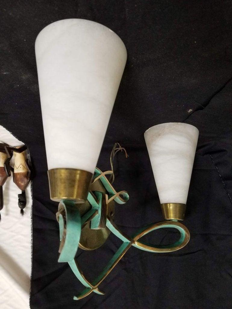 High Style Bronze Sconce with Alabaster Shades, Pair In Excellent Condition For Sale In Van Nuys, CA