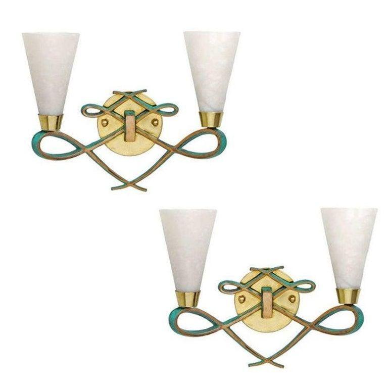 Contemporary High Style Bronze Sconce with Alabaster Shades, Pair For Sale