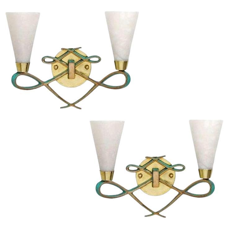 High Style Bronze Sconce with Alabaster Shades, Pair For Sale