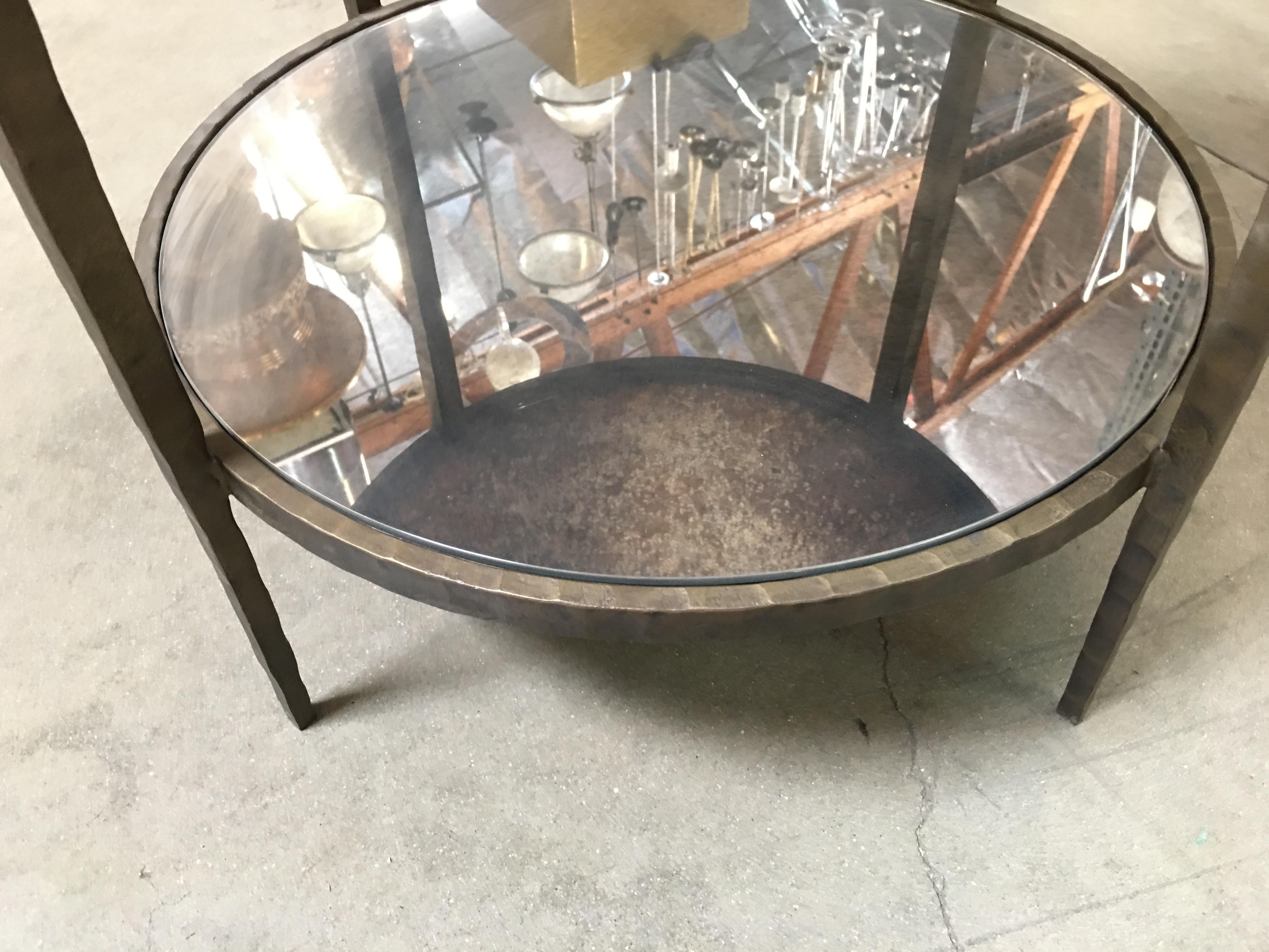 Late 20th Century High Style Hand Forged Round Bronze Side Tale with Marble Top