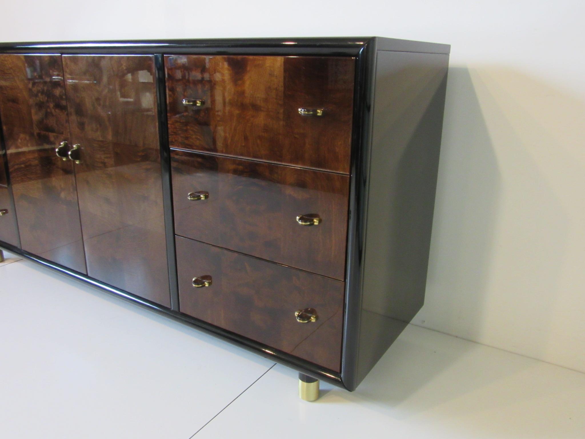 Modern High Style Lacquer / Burl / Brass Chest Cabinet by Henredon Scene 3