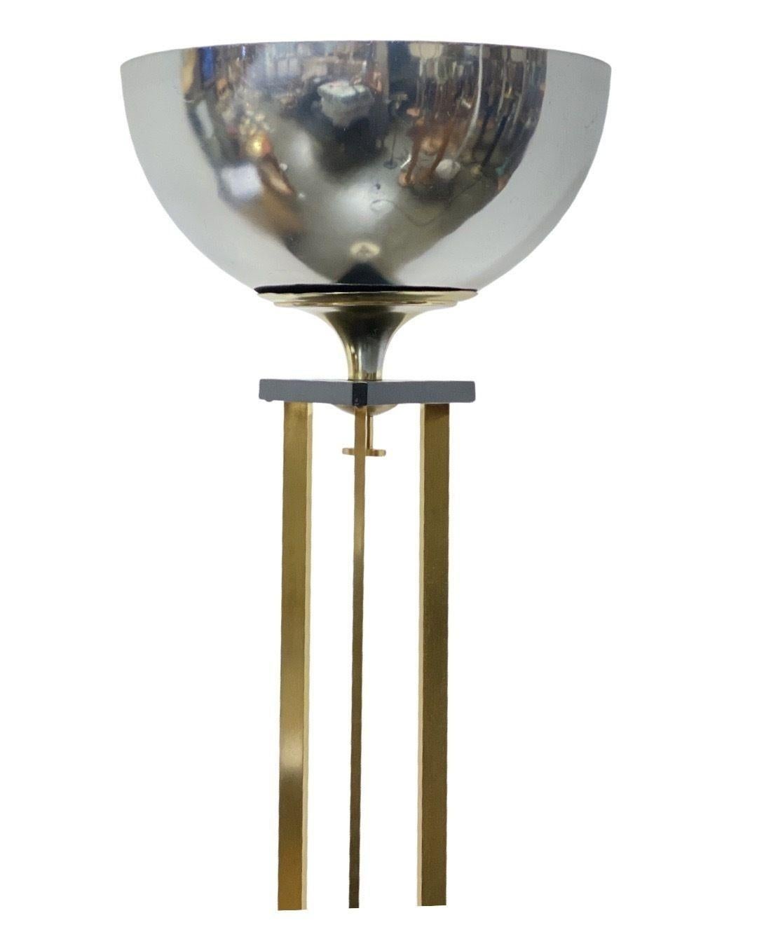 American High Style Memphis Style Brass Chrome and Marble Torchiere Floor Lamp For Sale