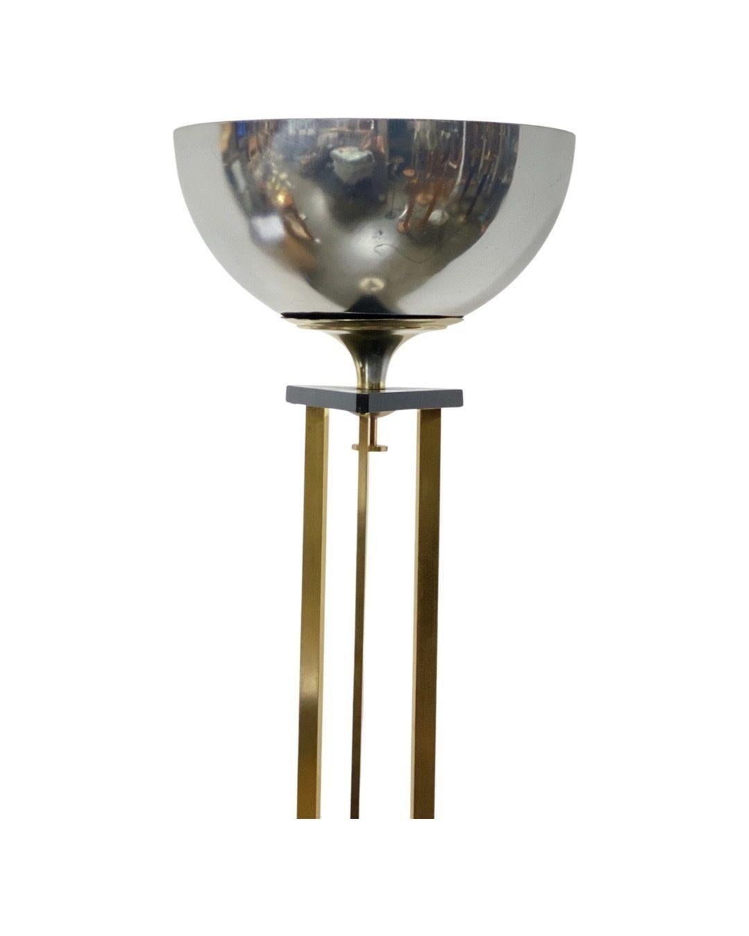 High Style Memphis Style Brass Chrome and Marble Torchiere Floor Lamp In Excellent Condition For Sale In Van Nuys, CA