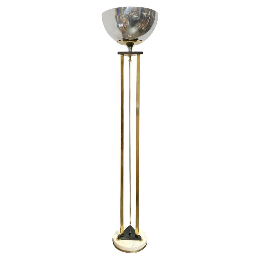 High Style Memphis Style Brass Chrome and Marble Torchiere Floor Lamp For Sale