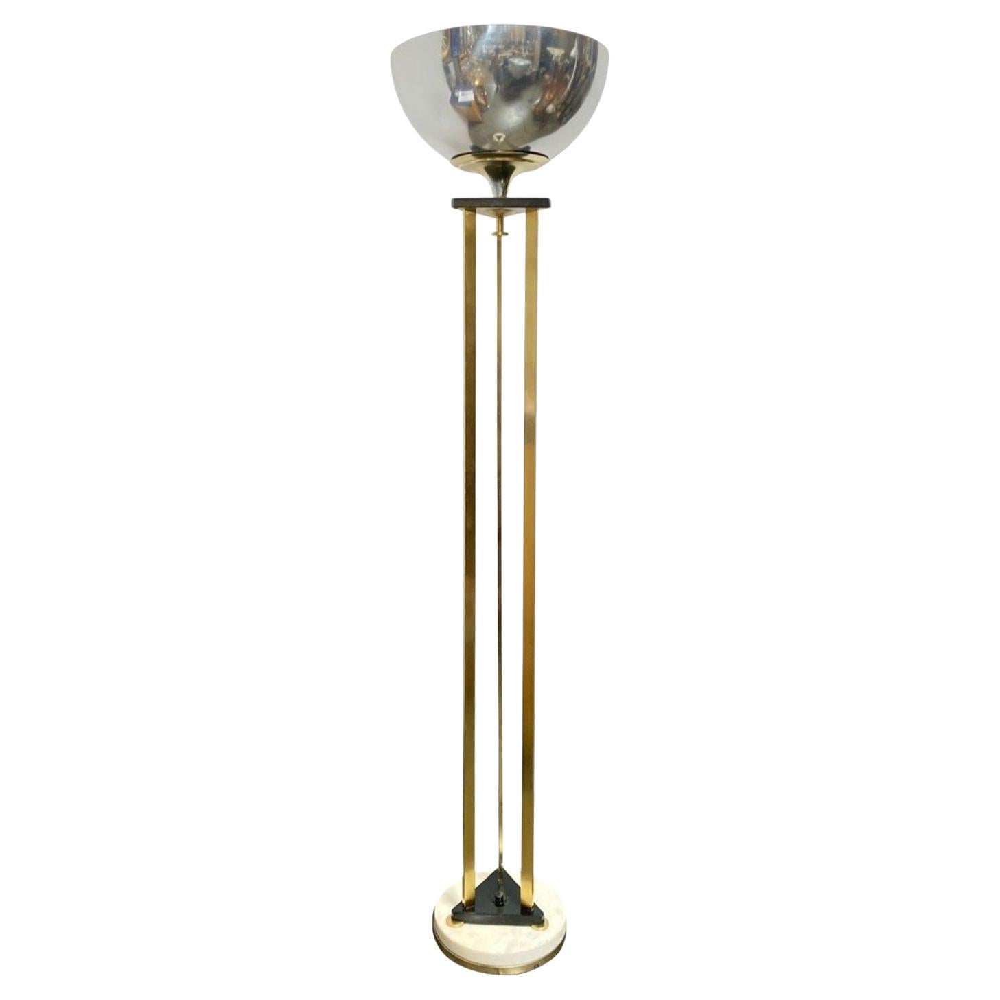 High Style Memphis Style Brass Chrome and Marble Torchiere Floor Lamp For Sale