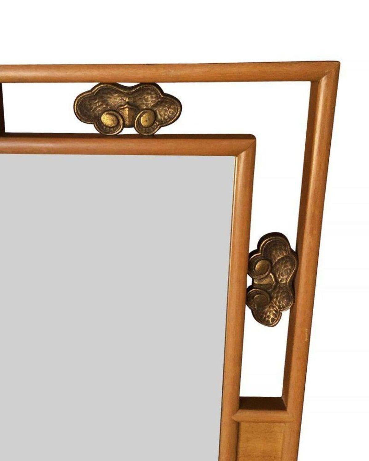 High Style Mid-Century Bronze and Hardwood Wall Mirror In Good Condition For Sale In Van Nuys, CA