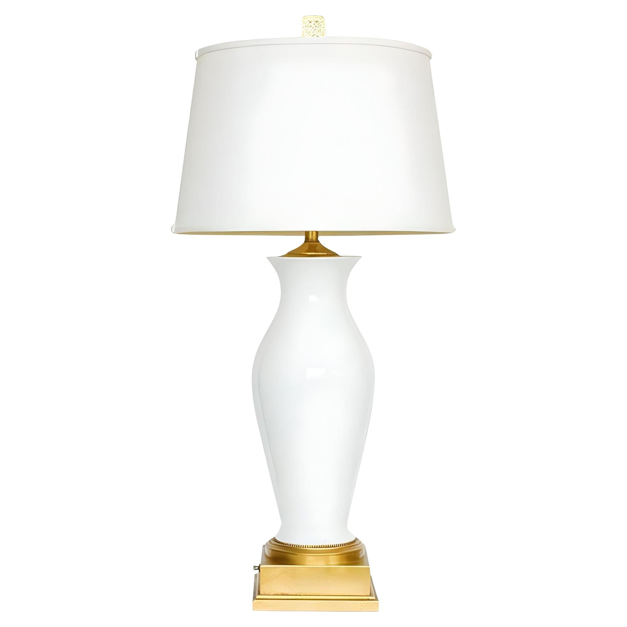 High Style Mid-century White Porcelain & Gold Leaf Table Lamp w/ Shade