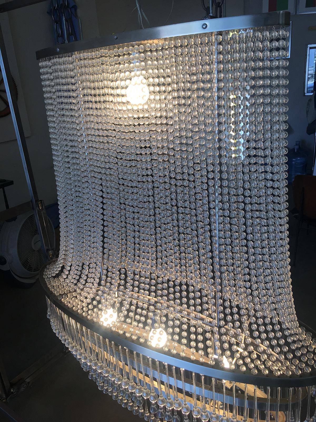Glass High Style Modern Beaded Crystal Basket Form Chandelier w/ Tear Shaped Crystals