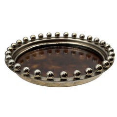 High Style Modernist Silvertone Ring Tray Dish with Faux Tortoise Interior