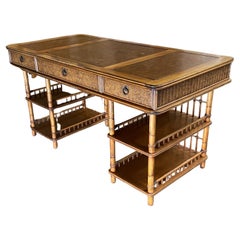 High Style Transatlantic Rattan Base Wicker Front Leather Top Desk