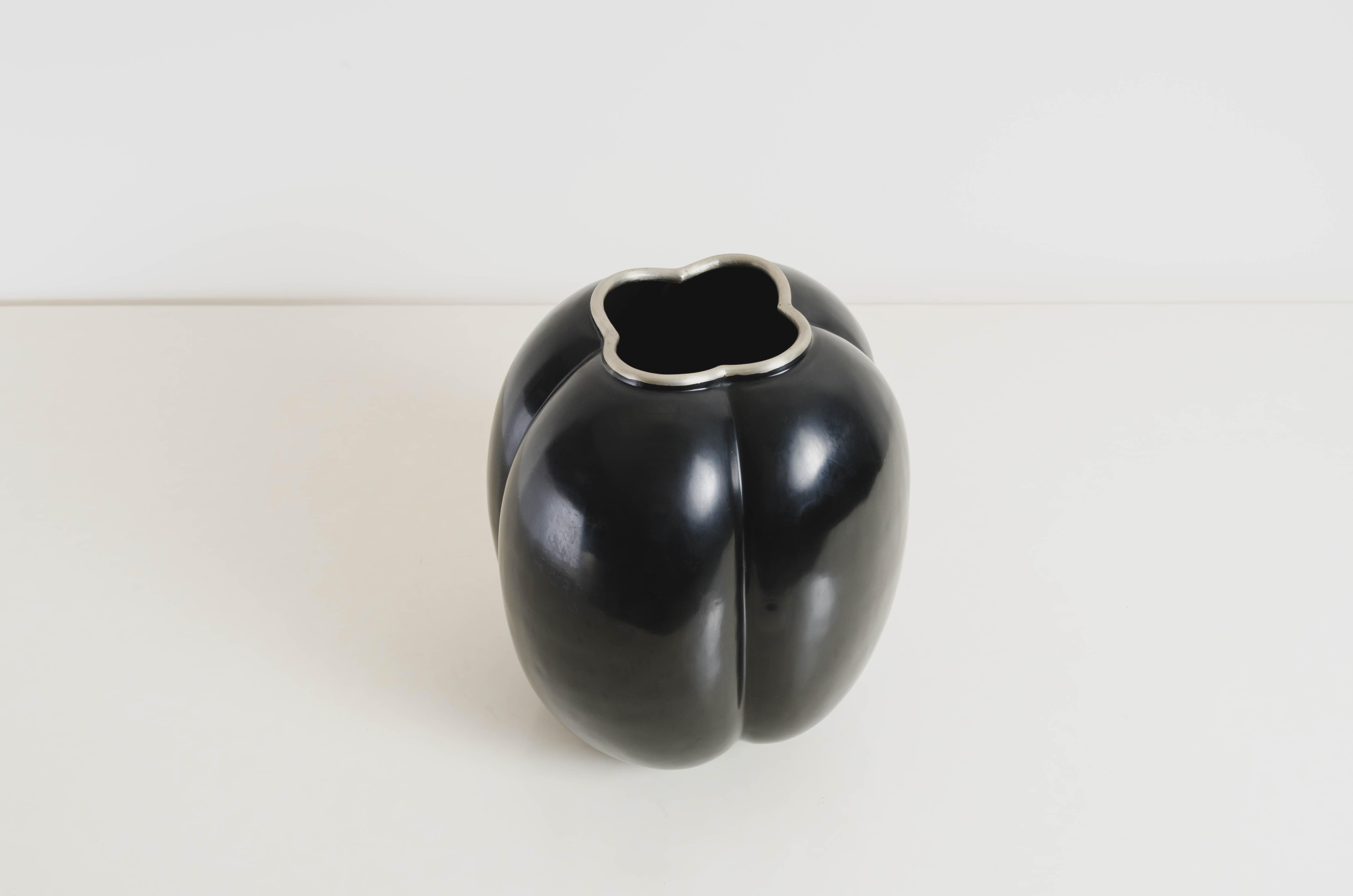 Repoussé High Tang Vase, Black Lacquer by Robert Kuo, Handmade, Limited Edition For Sale