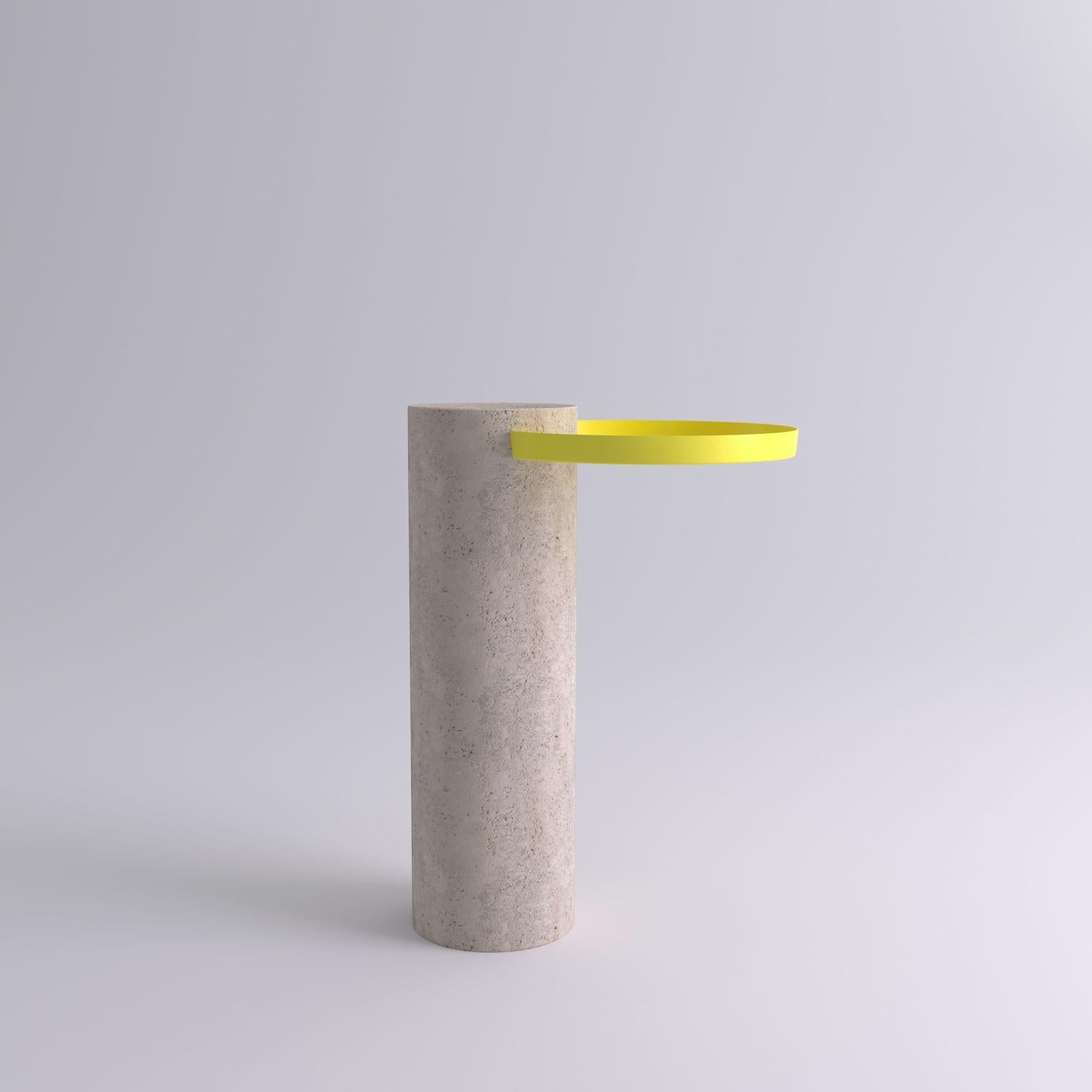 High travertine contemporary guéridon, Sebastian Herkner
Dimensions: D 42 x H 57 cm
Materials: Travertine stone, yellow metal tray

The salute table exists in 3 sizes, 4 different marble stones for the column and 5 different finishes for the