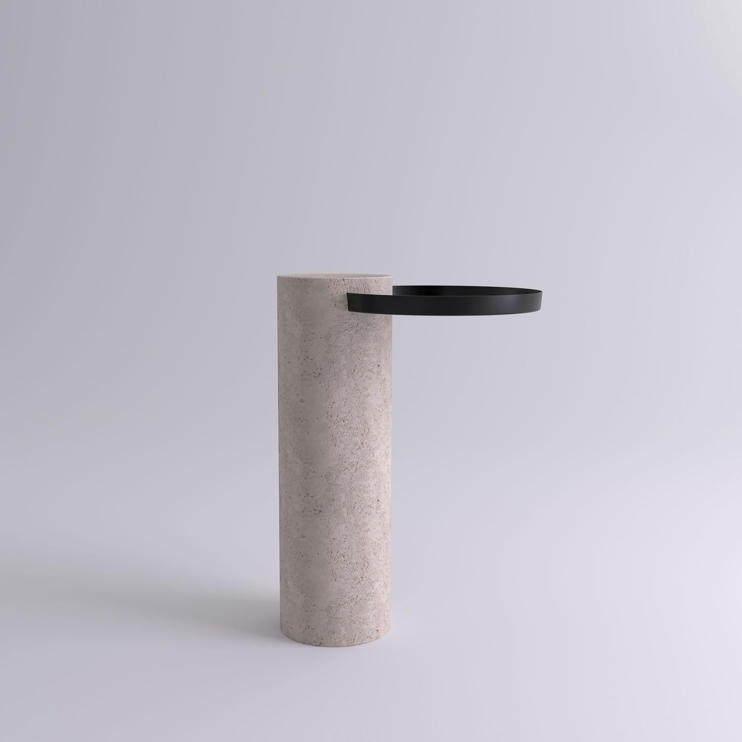 High travertine contemporary guéridon, Sebastian Herkner
Dimensions: D 42 x H 57 cm
Materials: Travertine marble, black metal tray

The salute table exists in 3 sizes, 4 different marble stones for the column and 5 different finishes for the
