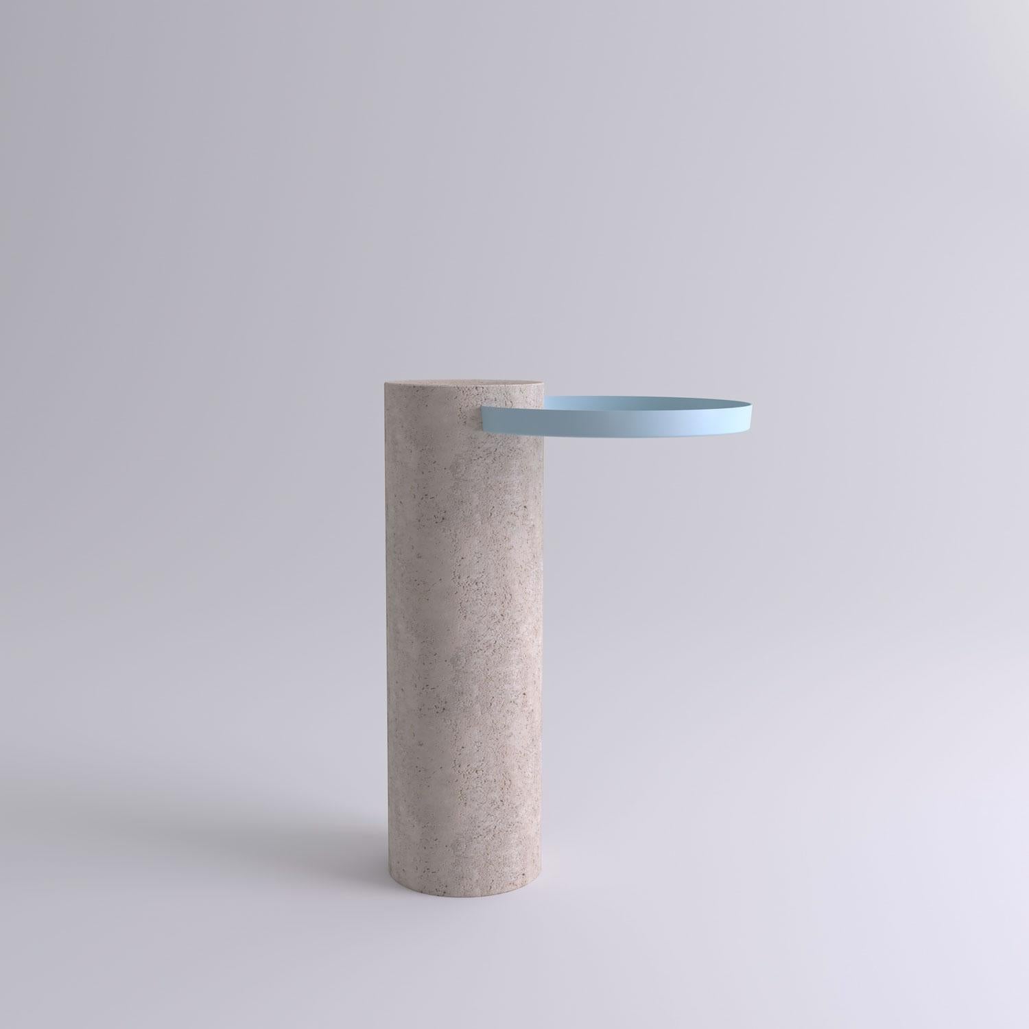 High travertine contemporary guéridon, Sebastian Herkner
Dimensions: D 42 x H 57 cm
Materials: Travertine marble, light blue metal tray

The salute table exists in 3 sizes, 4 different marble stones for the column and 5 different finishes for