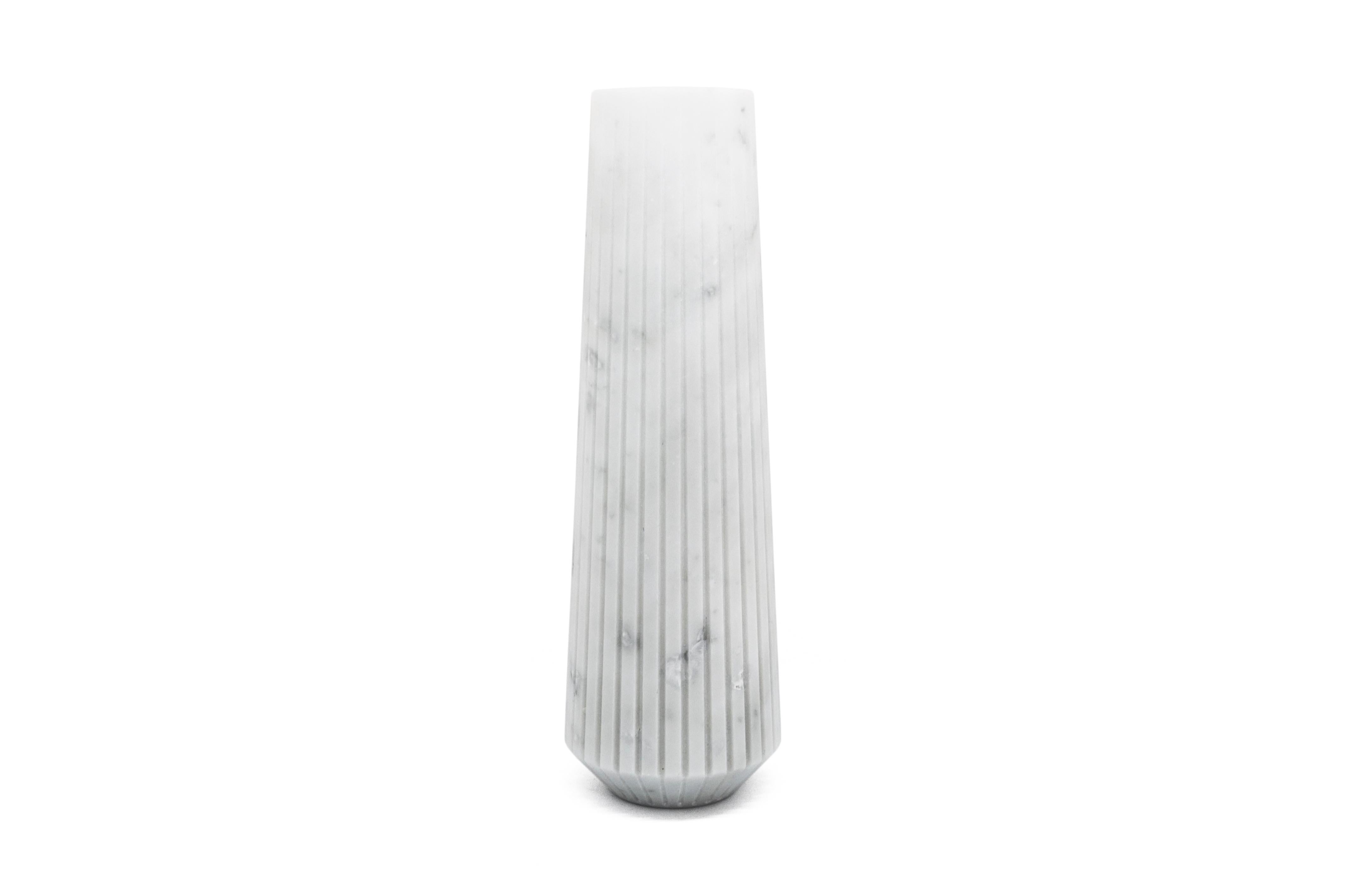 Italian Handmade High Striped Vase in White Carrara Marble For Sale