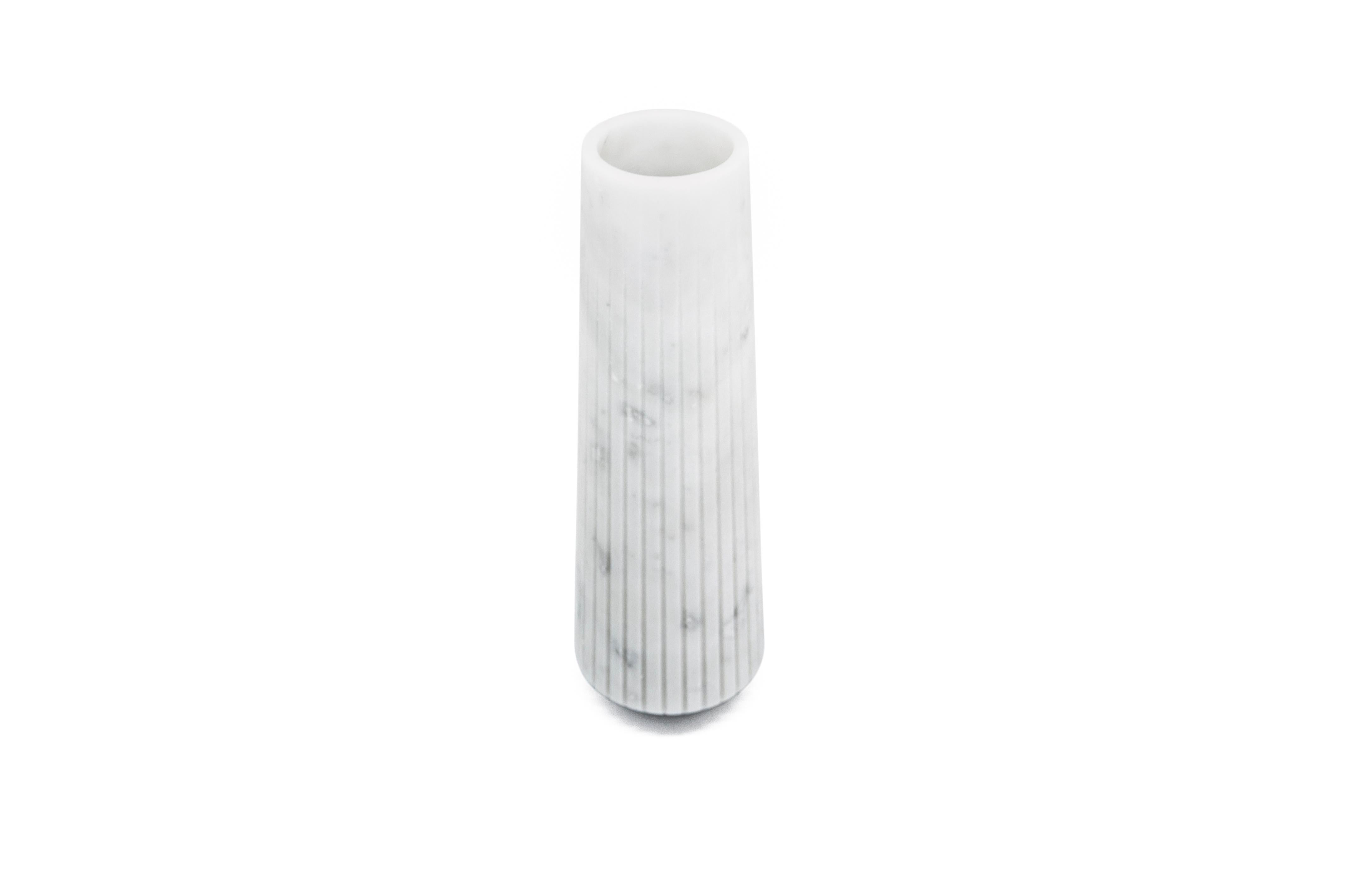 Hand-Crafted Handmade High Striped Vase in White Carrara Marble For Sale