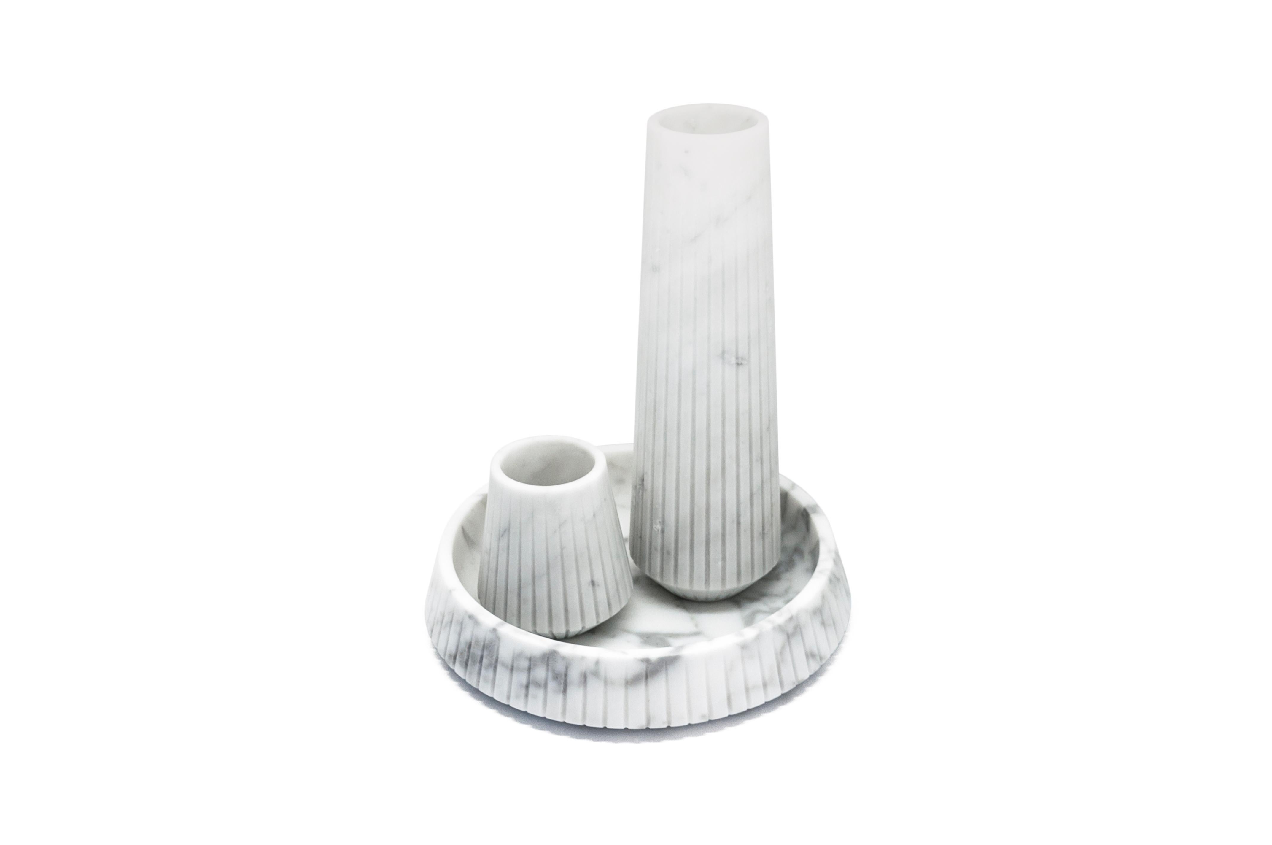 Contemporary Handmade High Striped Vase in White Carrara Marble For Sale