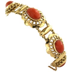 Pulsera de estilo VICTORIANO CLÁSICO con coral, oro de 14k, 21,9 gramos