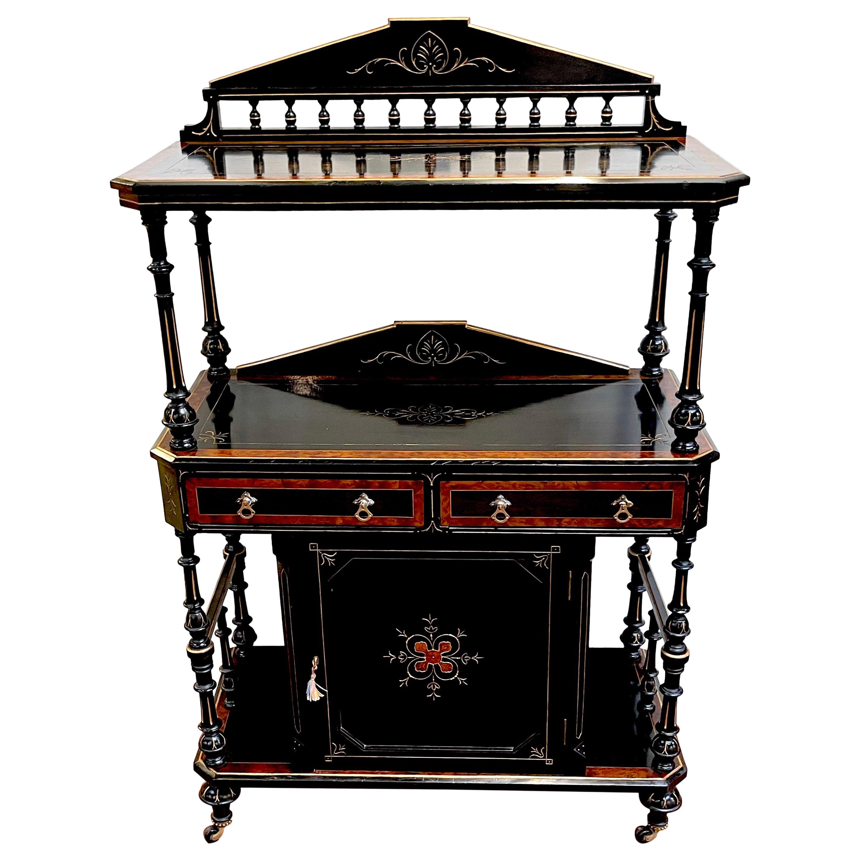 High Victorian Burl, Gloss Ebonized & Gilt  3 Tier Cabinet / Dry Bar/ Etagere