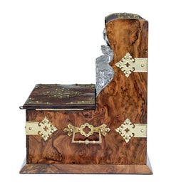 High Victorian Burr Walnut 3 Decanter Tantalus and Games Box