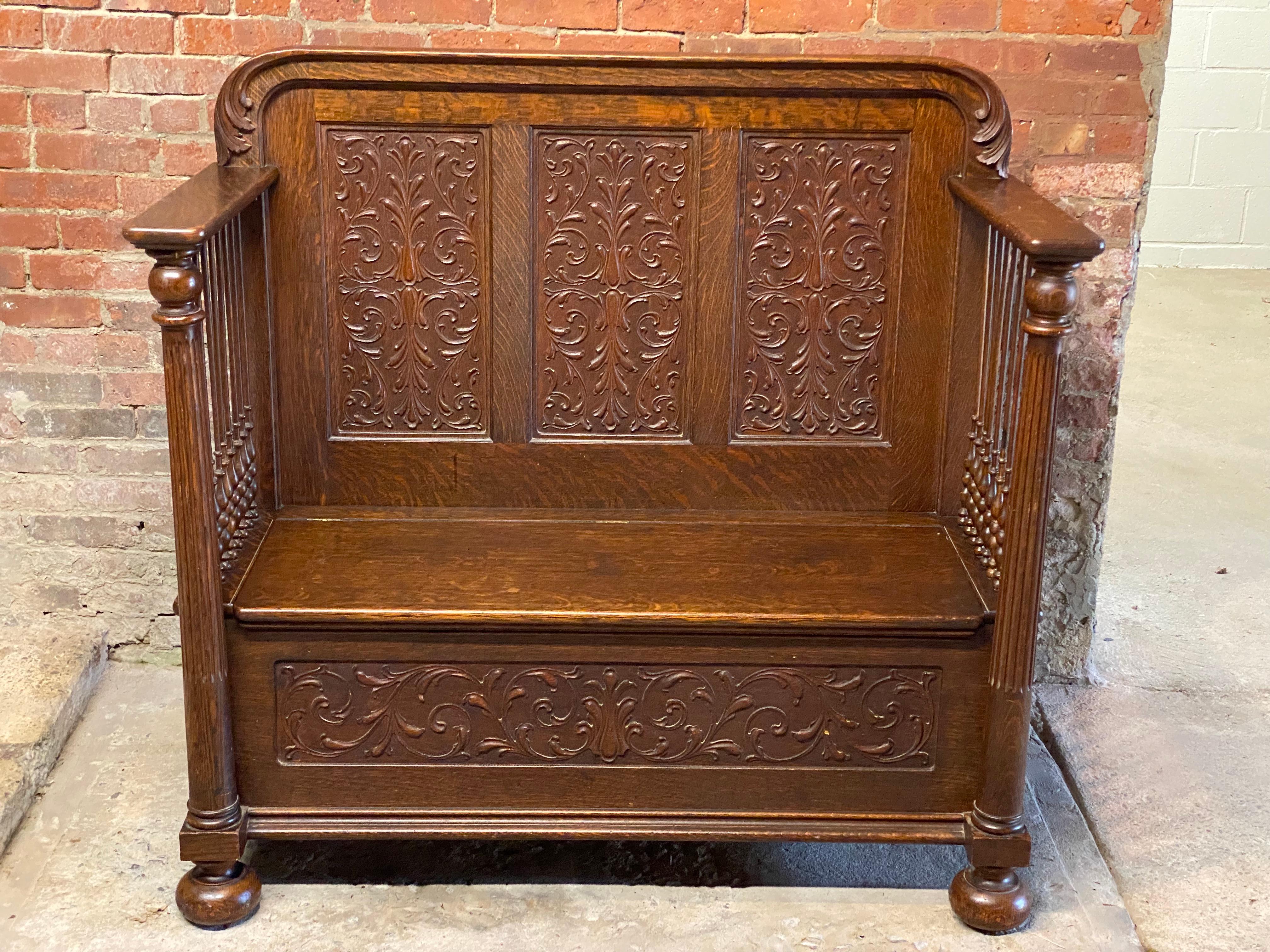 American High Victorian Carved Quarter Sawn Oak Deacon's Bench