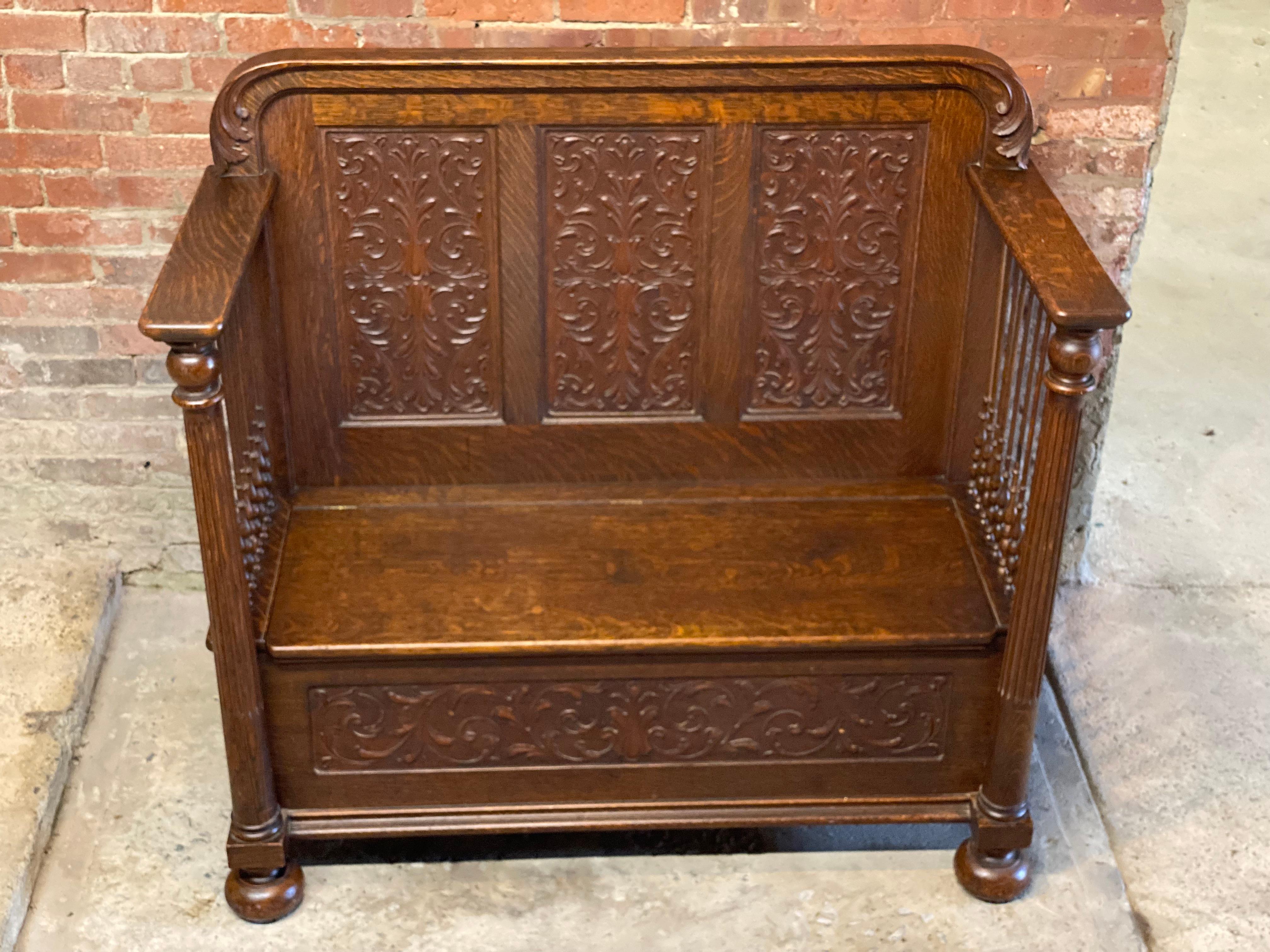 High Victorian Carved Quarter Sawn Oak Deacon's Bench In Good Condition In Garnerville, NY