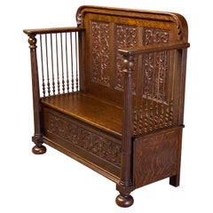 Antique High Victorian Carved Quarter Sawn Oak Deacon's Bench