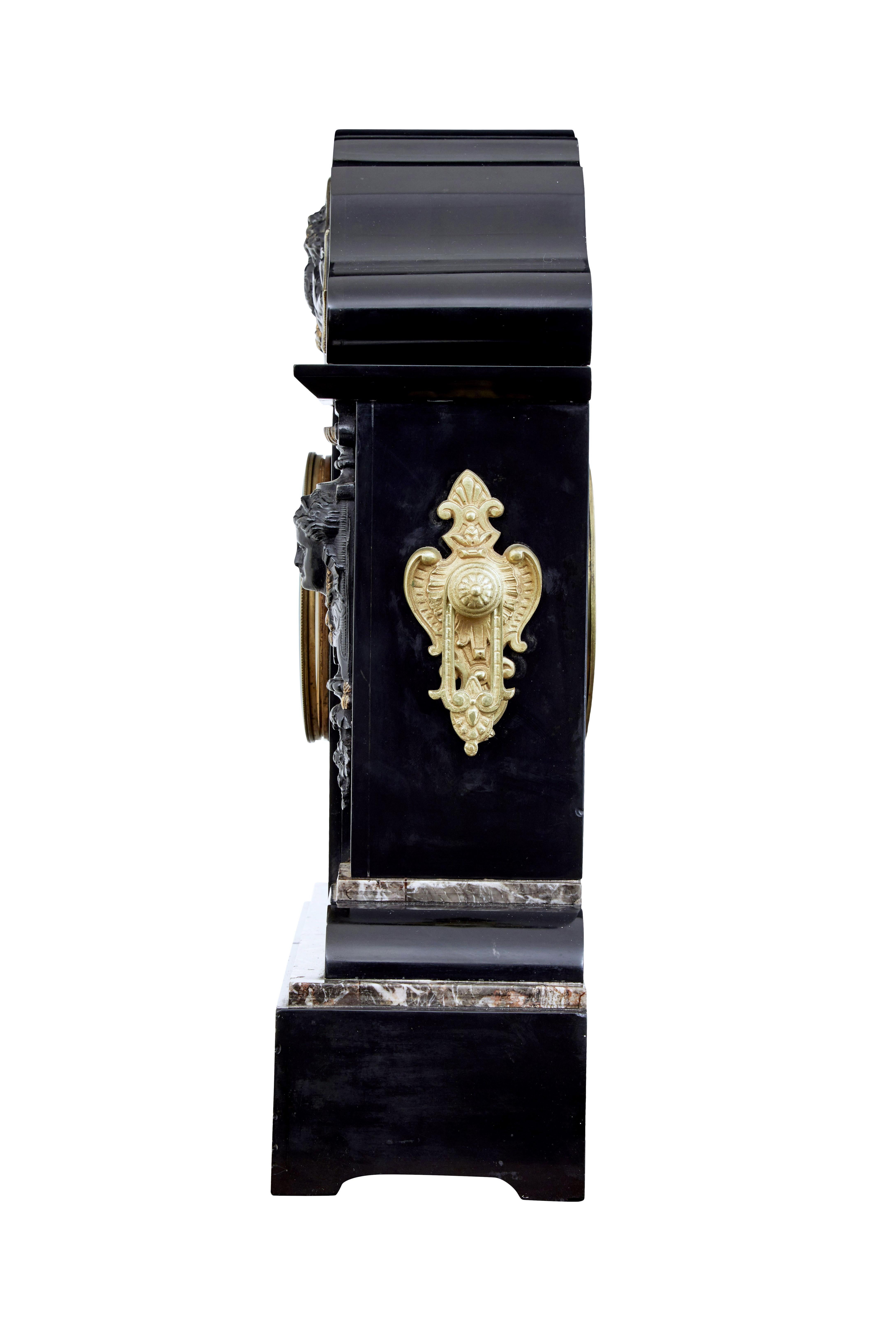 English High Victorian inlaid black marble mantel clock