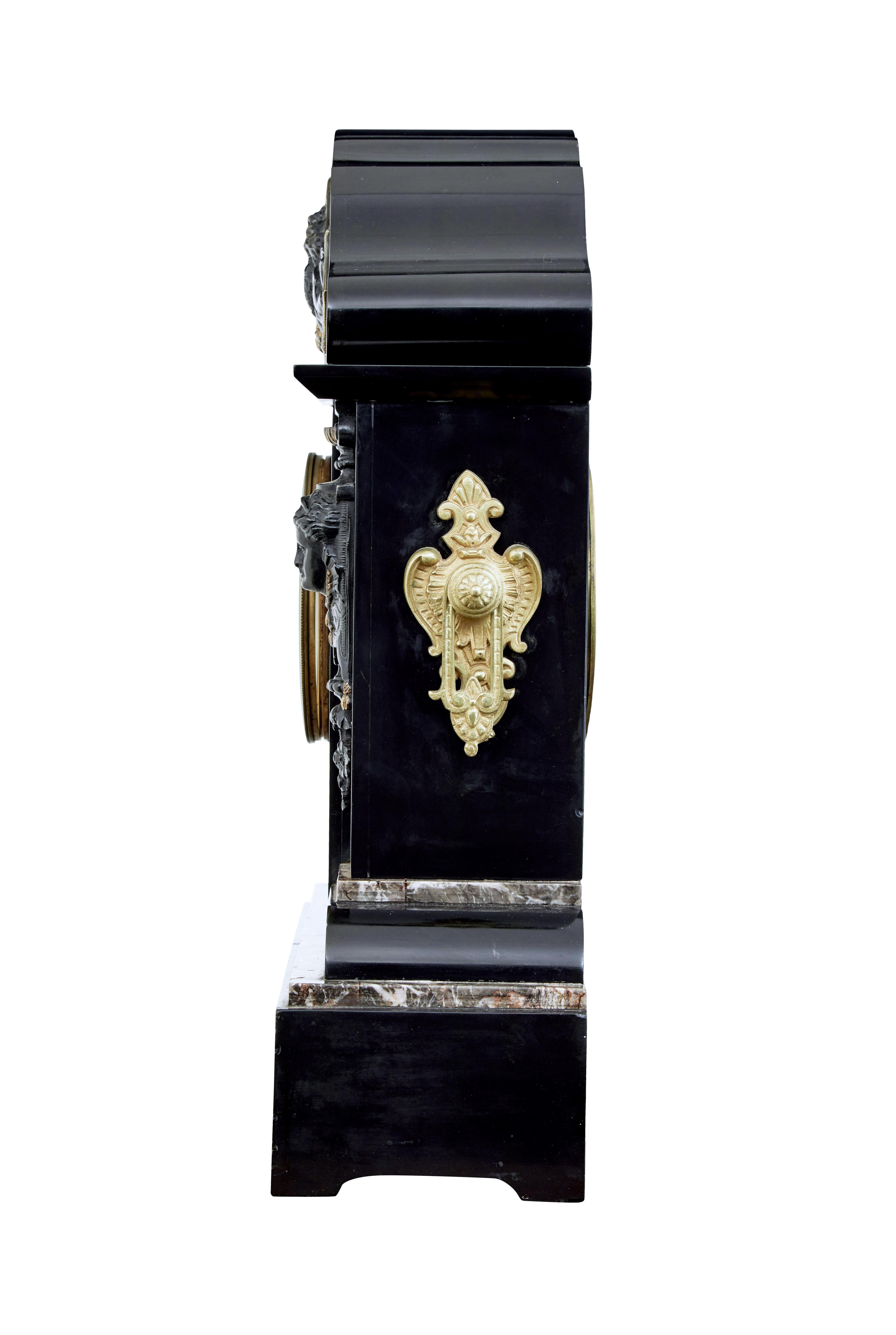 English High Victorian inlaid black marble mantel clock For Sale